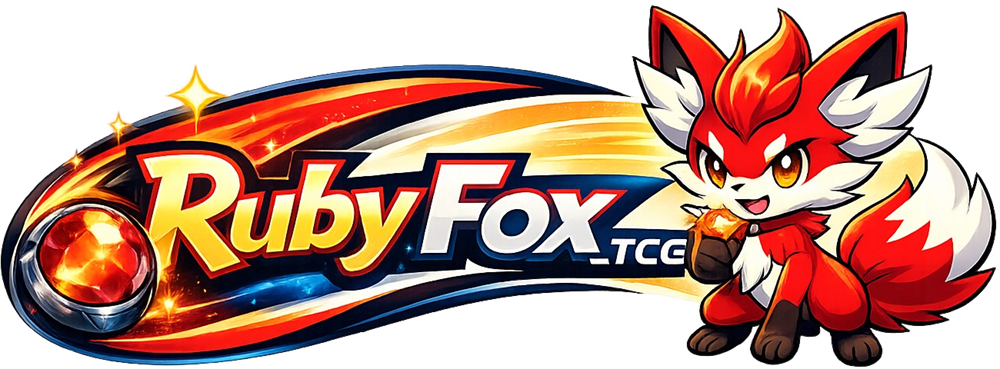 RubyFox.TCG: Schriftzug mit rotem Fuchs, der einen Rubin hält